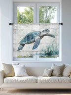 Sheer Curtains 54 Inch Length, Teal Green Sea Turtle Semi Sheer Curtains Light Filtering Window Treatment, Summer Ocean Vintage Wood Grain Privacy Voile Drapes for Living Room Bedroom 52x54 Inch