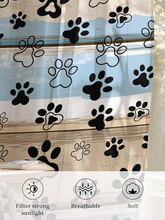 Sheer Curtains 72 Inches Long, Blue Dog Paw Print Semi Sheer Curtains Light Filtering Window Treatment, Vintage Farmhouse Rustic Wooden Grain Privacy Voile Drapes for Living Room Bedroom 52x72 Inch