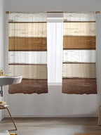 Sheer Curtains 72 Inches Long, Vintage Geometric Brown Semi Sheer Curtains Light Filtering Window Treatment, Farmhouse Country Chic Wood Grain Privacy Voile Drapes for Living Room Bedroom 52x72 Inch