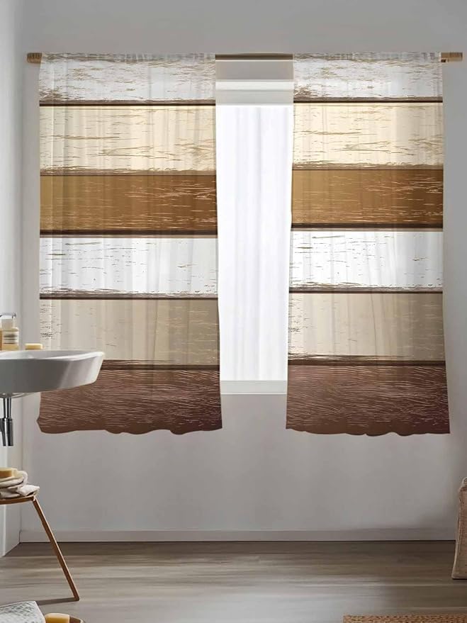 Sheer Curtains 63 Inch Length, Vintage Geometric Brown Semi Sheer Curtains Light Filtering Window Treatment, Farmhouse Country Chic Wood Grain Privacy Voile Drapes for Living Room Bedroom 52x63 Inch