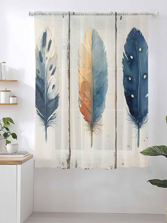 Sheer Curtains 72 Inches Long, Blue Brown Feathers Semi Sheer Curtains Light Filtering Window Treatment, Boho Ombre Vintage Wooden Grain Privacy Voile Drapes for Living Room Bedroom 52x72 Inch