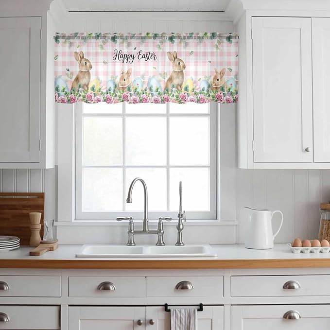 Easter Sheer Valances for Windows 54"x18", Light Filtering Kitchen Curtains Valance, Spring Watercolor Bunny Eggs Flower Leaf Pink Plaid Rod Pocket Chiffon Curtains for Living Room Bedroom Cafe