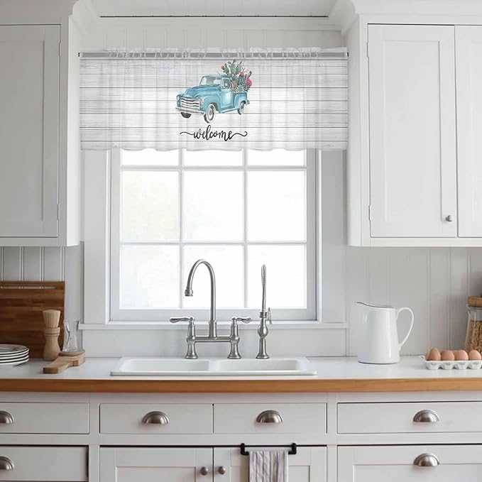 Welcome Sheer Valance Curtains, Summer Car with Cactus Succulents Grey Wood Grain Light Filtering Kitchen Valances Rod Pocket Voile Curtain Window Treatment for Bedroom/Living Room/Basement 42Wx18L