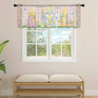 Happy Easter Sheer Valances for Windows 42"x18", Light Filtering Kitchen Curtains Valance, Spring Gnomes Duck Floral Eggs Pink Plaid Rod Pocket Chiffon Curtains for Living Room Bedroom Cafe