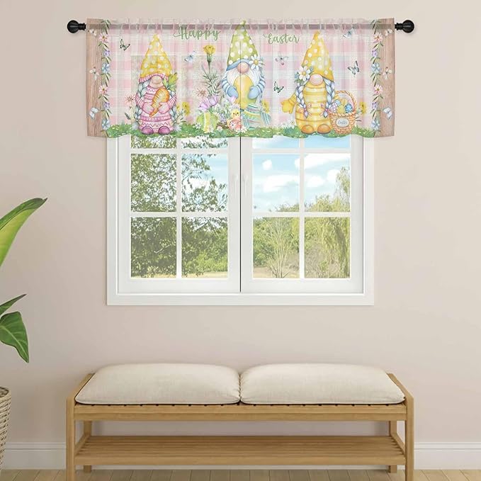 Happy Easter Sheer Valances for Windows 60"x18", Light Filtering Kitchen Curtains Valance, Spring Gnomes Duck Floral Eggs Pink Plaid Rod Pocket Chiffon Curtains for Living Room Bedroom Cafe