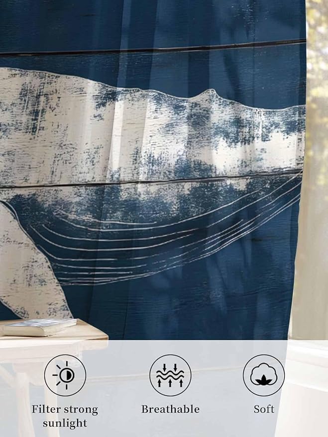 Sheer Curtains 108 Inches Long, Summer Whale Semi Sheer Curtains Light Filtering Window Treatment, Ocean Vintage Wooden Grain Blue Privacy Voile Drapes for Living Room Bedroom 52x108 Inch