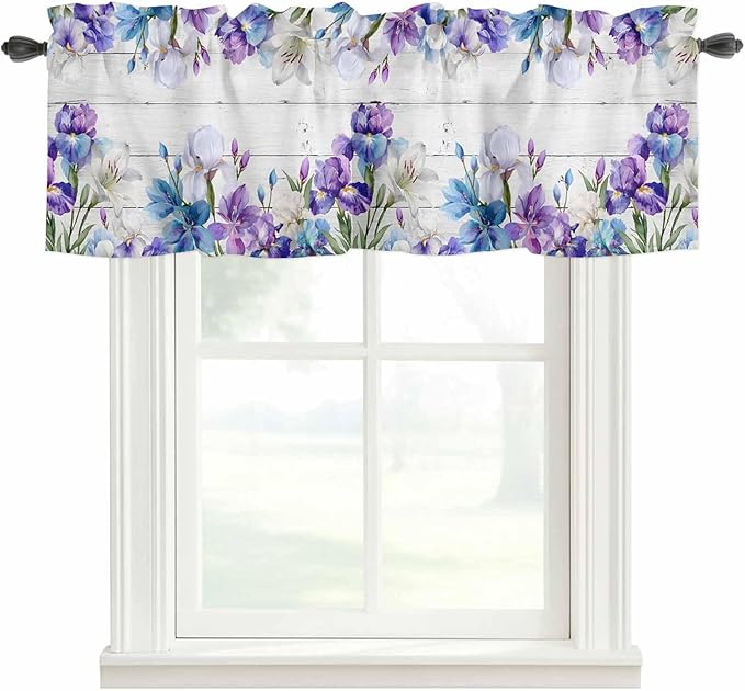 Spring Flowers Curtain Valances for Windows, Kitchen Valance Window Treatment, Watercolor Garden Florals Wooden Grain Light Filtering Block Curtains for Bathroom/Bedroom/Living Room 54'' x 18''