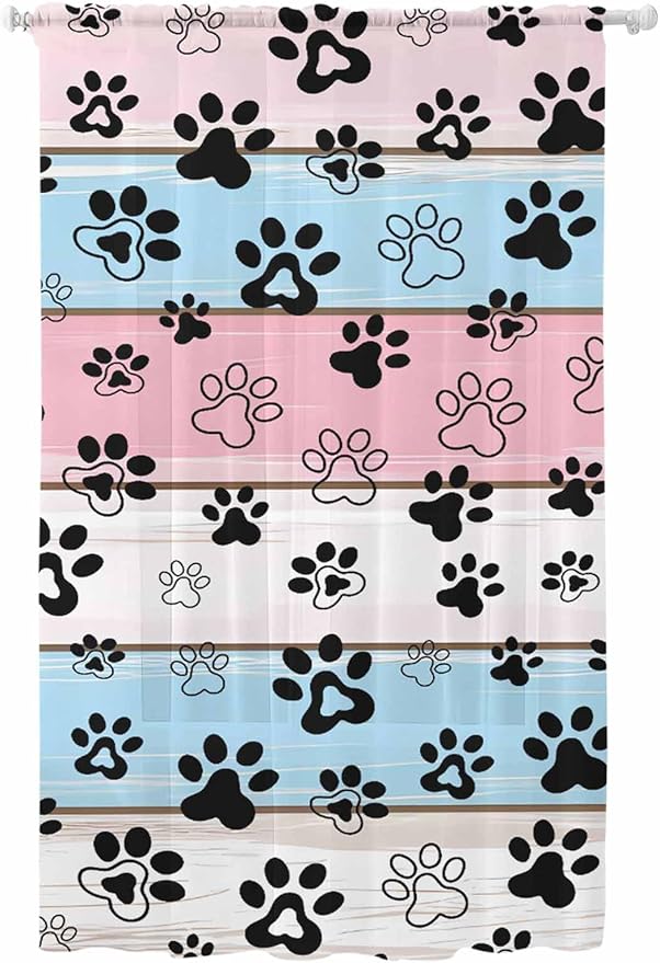Sheer Curtains 84 Inches Long, Pink Blue Paw Print Semi Sheer Curtains Light Filtering Window Treatment, Vintage Farmhouse Wooden Grain Privacy Voile Drapes for Living Room Bedroom 52x84 Inch