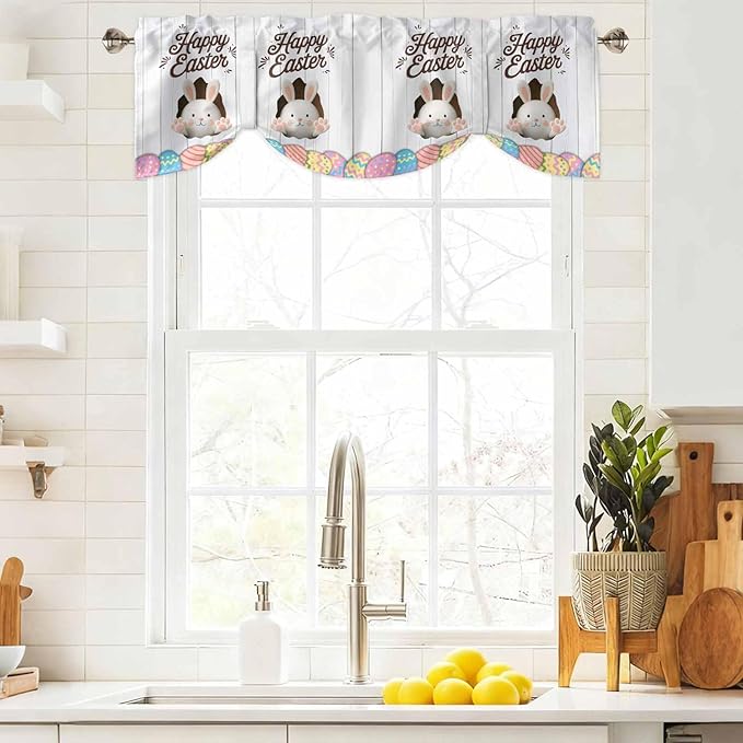 Grey Easter Tie Up Valance Curtains for Windows, Kitchen Curtains Window Shades, Spring Cartoon Bunny Colorful Eggs Wood Grain Light Filtering Roman Curtain Valances for Bedroom/Bathroom/Cafe 42"x12"