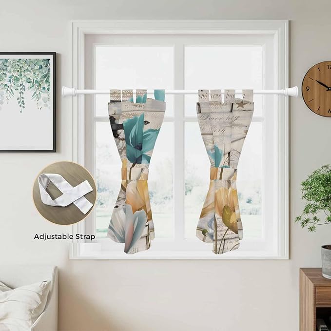 Watercolor Flowers Kitchen Curtains 45 Inch Length, Short Cafe Window Curtains Tab Top, Vintage Tulips Floral Barn Doors Wood Grain Light Filtering Window Treatments Tier Drapes 27.5"x45" 2 Panel