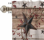 Kitchen Curtains Tiers and Valance Set of 3, Rustic Star Brown Light Filtering Window Curtain Set, Vintage Plants Berry Wooden Grain Rod Pocket Curtain Drapes for Cafe, Living Room, 36 Inches Tiers