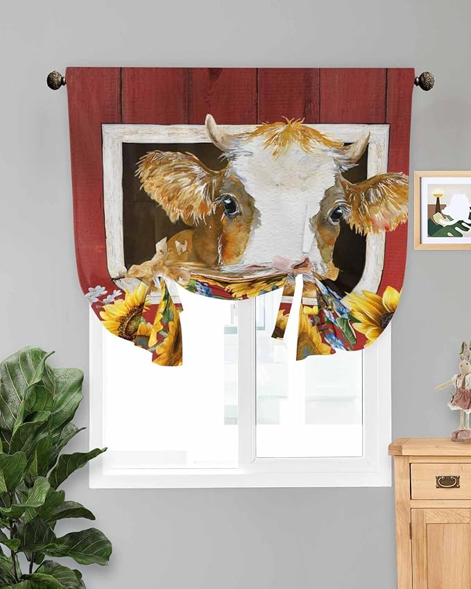 Tie Up Curtains for Windows, Cows Sunflowers Adjustable Balloon Nature Linen Textured Kitchen Curtain, Spring Floral Bees Farmhouse Barn Privacy Curtains Balloon Blind for Cafe, 42 x 63 Inches