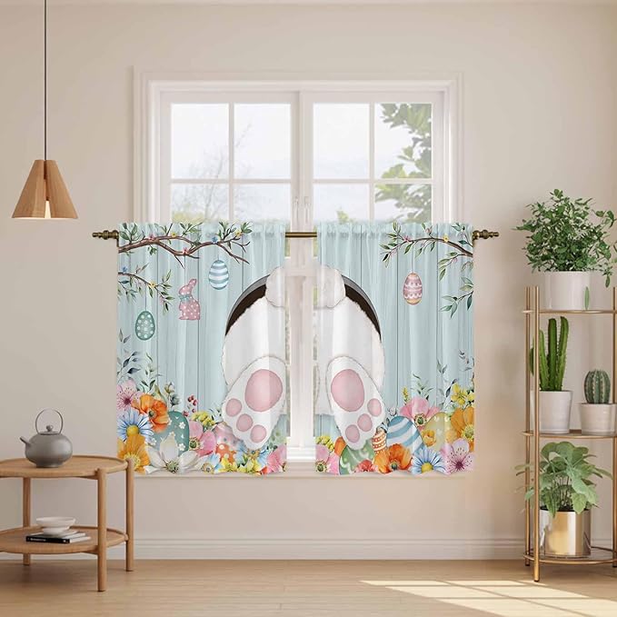 Easter Bunny Kitchen Curtains 54 Inch Long 2 Panel Set,Rod Pocket Window Curtains Panels,Easter Eggs Spring Farmhouse Wood Grain Teal Blue Light Filtering Drapery Draperies for Bathroom 52"W x 54"L