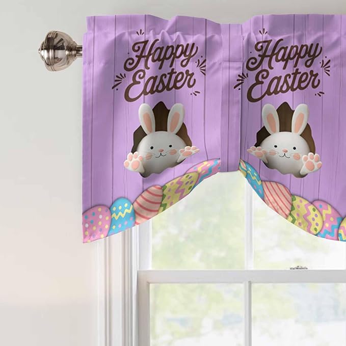 Purple Easter Tie Up Valance Curtains for Windows, Kitchen Curtains Window Shades, Spring Cartoon Bunny Colorful Eggs Wood Grain Light Filtering Curtain Valances for Bedroom/Bathroom/Cafe 42"x18"