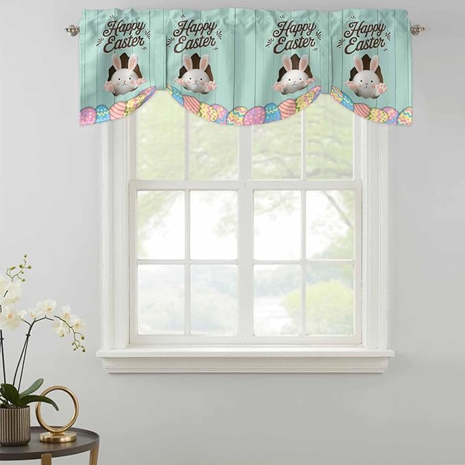 Green Easter Tie Up Valance Curtains for Windows, Kitchen Curtains Window Shades, Spring Cartoon Bunny Colorful Eggs Wood Grain Light Filtering Roman Curtain Valances for Bedroom/Bathroom/Cafe 42"x18"