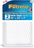 Filtrete 16x20x1 AC Furnace Air Filter, MERV 13, MPR 1900, Premium Allergen, Bacteria&Virus Filter, 3-Month Pleated 1-Inch Electrostatic Air Cleaning Filter, 2-Pack (Actual Size 15.719x19.719x0.78 in)