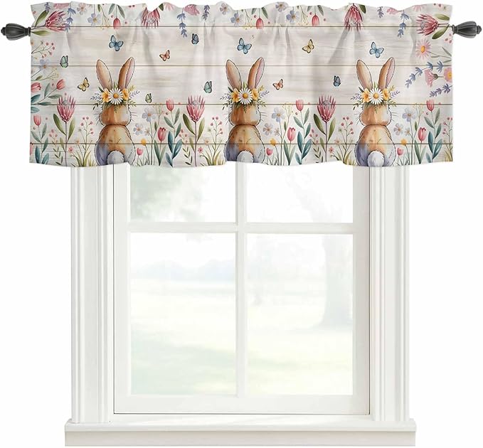 Easter Curtain Valances for Windows, Kitchen Valance Window Treatment, Spring Bunny Butterfly Botanical Wooden Grain Light Filtering Block Curtains for Bathroom/Bedroom/Living Room 60'' x 18''