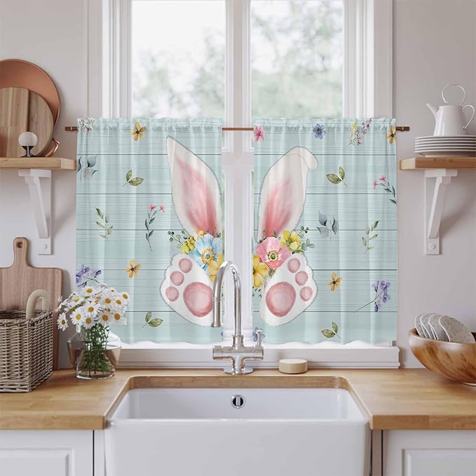 Easter Kitchen Curtains 45 Inch Long 2 Panel Set, Rod Pocket Window Treatment, Spring Rabbits Ears Feet Flowers Wooden Grain Light Filtering Panels Short Drapes for Bathroom Camper 42"W x 45"L