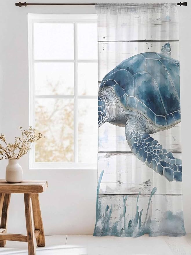 Sheer Curtains 96 Inches Long, Ocean Sea Turtle Semi Sheer Curtains Light Filtering Window Treatment, Coastal Seaweed Vintage Wood Grain Privacy Voile Drapes for Living Room Bedroom 52x96 Inch