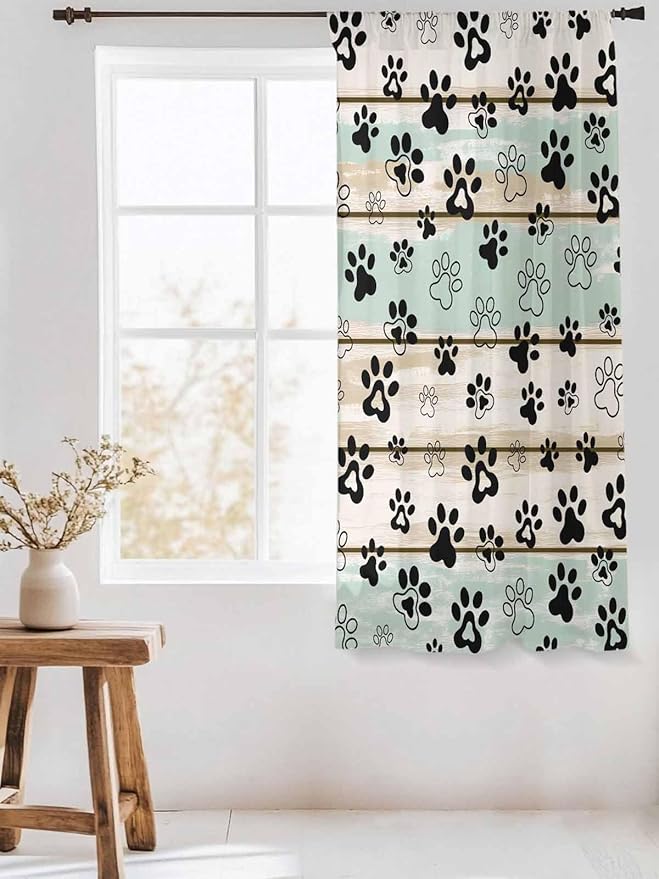 Sheer Curtains 72 Inches Long, Sage Green Beige Farmhouse Semi Sheer Curtains Light Filtering Window Treatment, Black Dog Paw Vintage Wooden Privacy Voile Drapes for Living Room Bedroom 52x72 Inch