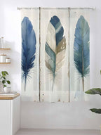 Sheer Curtains 72 Inches Long, Boho Blue Feathers Semi Sheer Curtains Light Filtering Window Treatment, Farmhouse Vintage Wooden Grain Privacy Voile Drapes for Living Room Bedroom 52x72 Inch