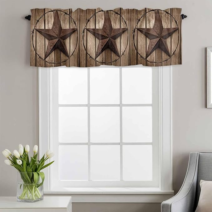 Vintage Texas Star Valances for Windows, Brown Wood Grain Wire Kitchen Valance Light Filtering Rod Pocket Short Curtains for Kitchen Bathroom, 1 Panel, 56"x16"