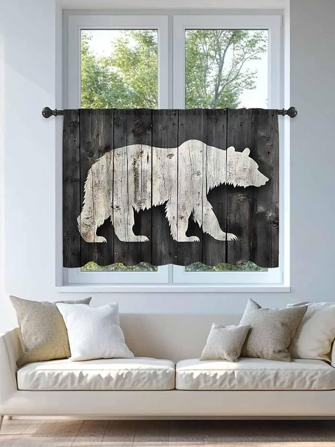 Sheer Curtains 54 Inch Length, White Brown Bear Semi Sheer Curtains Light Filtering Window Treatment, Farmhouse Country Rustic Wooden Grain Privacy Voile Drapes for Living Room Bedroom 52x54 Inch