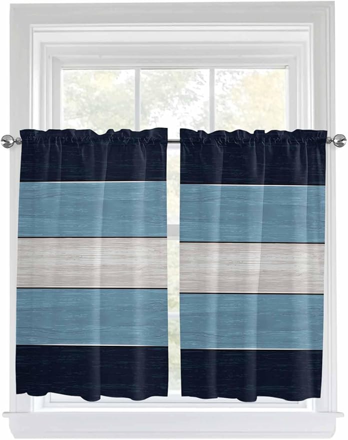 Vintage Country Woodcuts Window Valance Curtains, Blue Gradient Striped Light Filtering Kitchen Valance with 3-inch Rod Pocket for Living Room Bathroom Bedroom,2 Panel,27.5x45In