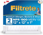 Filtrete 12x12x1 AC Furnace Air Filter, MERV 13, MPR 1900, Premium Allergen, Bacteria & Virus Filter, 3-Month Pleated 1-Inch Electrostatic Air Cleaning Filter, 2-Pack (Actual Size 11.81x11.81x0.78 in)
