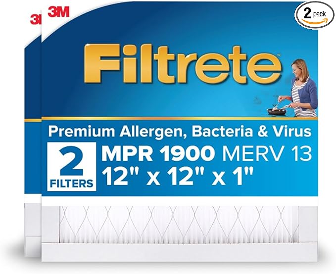 Filtrete 12x12x1 AC Furnace Air Filter, MERV 13, MPR 1900, Premium Allergen, Bacteria & Virus Filter, 3-Month Pleated 1-Inch Electrostatic Air Cleaning Filter, 2-Pack (Actual Size 11.81x11.81x0.78 in)