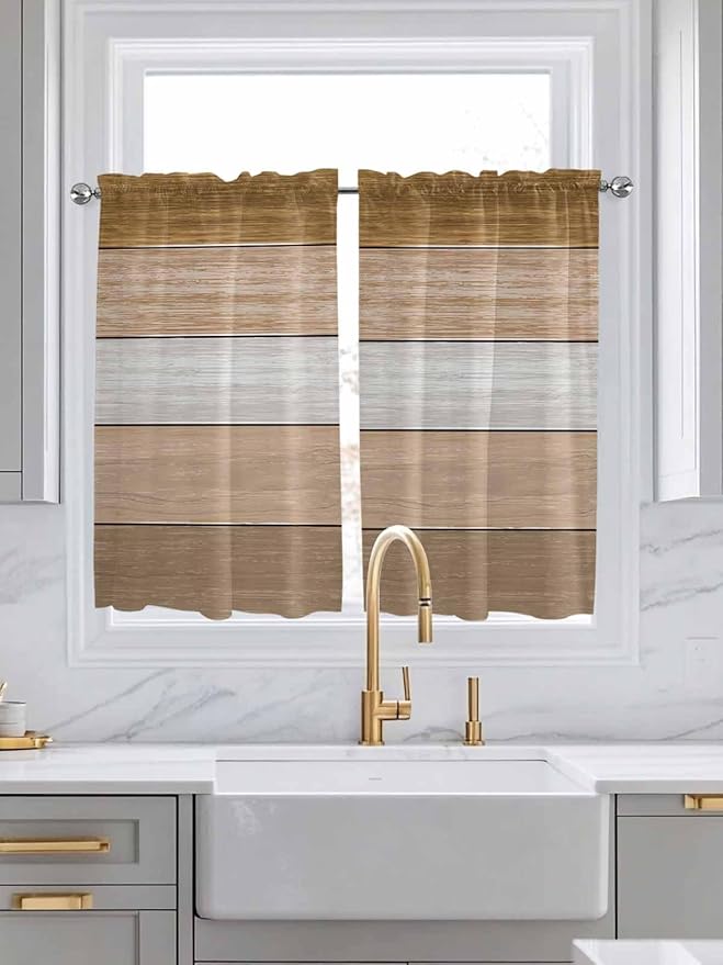 Retro Farm Wood Board Window Valance Curtains, Brown Graduality Striped Light Filtering Kitchen Valance with 3-inch Rod Pocket for Living Room Bathroom Bedroom,2 Panel,52x45In