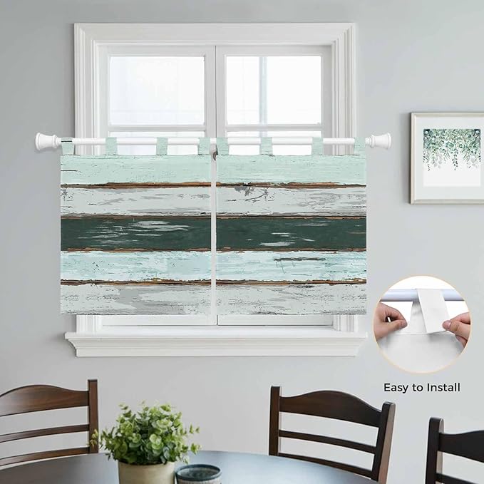 Blue Teal Kitchen Curtains 24 Inch Length, Small Window Curtains Tab Top, Vintage Wooden Retro Art Farmhouse Barns Light Filtering Short Window Treatments Tier Drapes 27.5"x24" 2 Panel