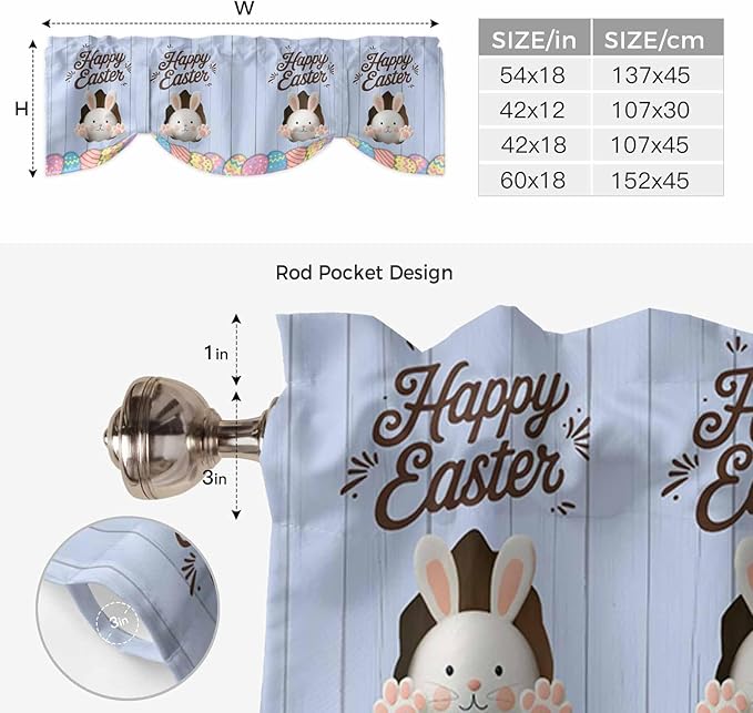 Blue Easter Tie Up Valance Curtains for Windows, Kitchen Curtains Window Shades, Spring Cartoon Bunny Colorful Eggs Wood Grain Light Filtering Roman Curtain Valances for Bedroom/Bathroom/Cafe 42"x18"
