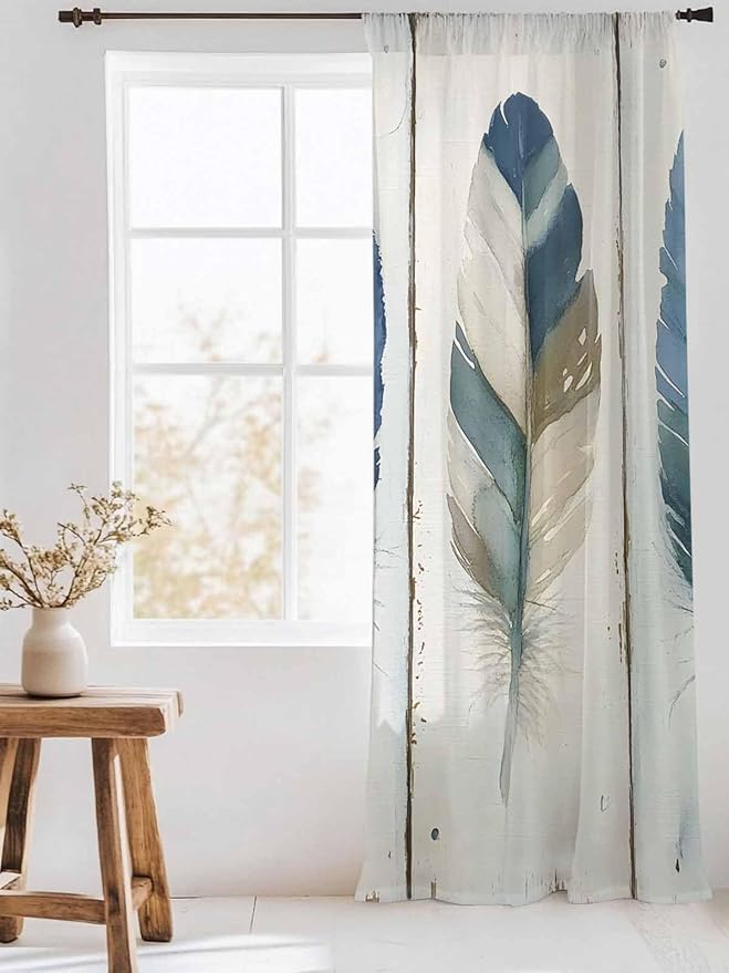 Sheer Curtains 108 Inches Long, Boho Blue Feathers Semi Sheer Curtains Light Filtering Window Treatment, Farmhouse Vintage Wooden Grain Privacy Voile Drapes for Living Room Bedroom 52x108 Inch