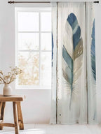 Sheer Curtains 96 Inches Long, Boho Blue Feathers Semi Sheer Curtains Light Filtering Window Treatment, Farmhouse Vintage Wooden Grain Privacy Voile Drapes for Living Room Bedroom 52x96 Inch