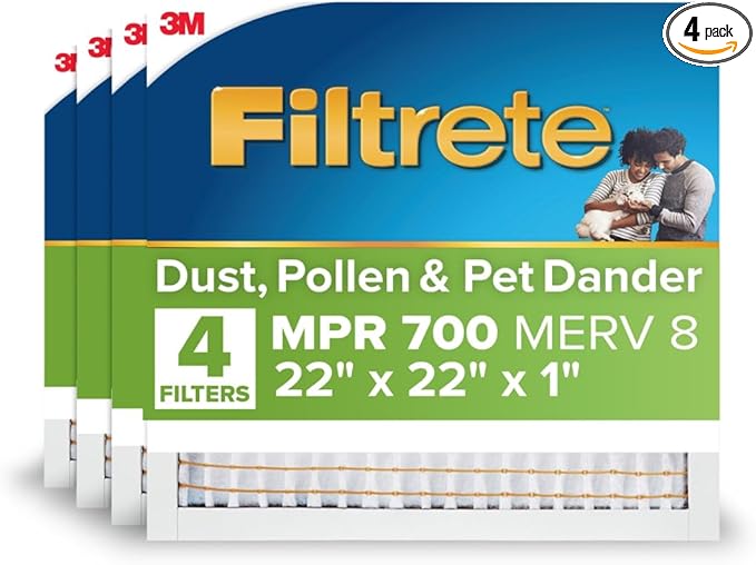 Filtrete 22x22x1 AC Furnace Air Filter, MERV 8, MPR 700, Tough on Pollen, Easy on Airflow, 3-Month Pleated 1-Inch Electrostatic Air Cleaning Filter, 4-Pack (Actual Size 21.69 x 21.69 x 0.81 in)
