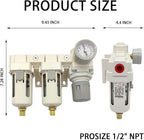 YSIL 1/2" NPT Air Filter Dryer Double Air Filters Compressor Water Separator Pressure Regulator Combo 5 Micron Brass Element(Semi-Auto Drain)