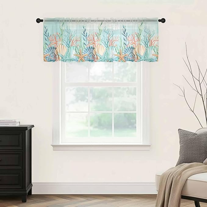 Summer Beach Sheer Valance Curtains, Green Ocean Colorful Coral Shell Seaweed Starfish Light Filtering Kitchen Valances Rod Pocket Voile Curtain Treatment for Bedroom/Living Room/Basement 42Wx18L