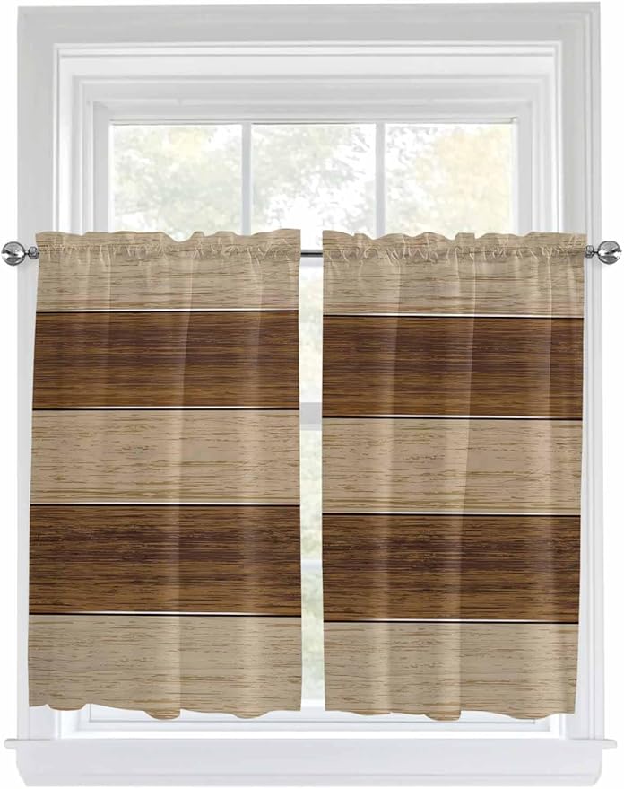 Retro Country Brown Wooden Board Window Valance Curtains, Farmhouse Gradient Plank Light Filtering Kitchen Valance with 3-inch Rod Pocket for Living Room Bathroom Bedroom,2 Panel,52x54In