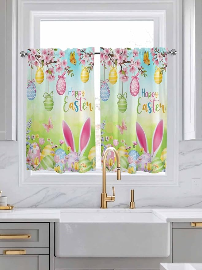 Easter Tier Curtains 45 Inches Long, Spring Bunny Colorful Rabbit Eggs Butterfly Blue Green Window Treatment Curtain Drapes, Window Half Privacy Curtains for Bedroom Bathroom, 42"x45", 2 Panels
