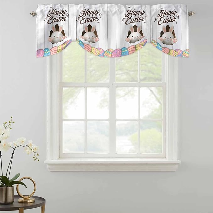 Grey Easter Tie Up Valance Curtains for Windows, Kitchen Curtains Window Shades, Spring Cartoon Bunny Colorful Eggs Wood Grain Light Filtering Roman Curtain Valances for Bedroom/Bathroom/Cafe 60"x18"