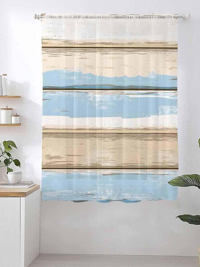 Sheer Curtains 63 Inch Length, Vintage Geometric Blue Semi Sheer Curtains Light Filtering Window Treatment, Abstract Country Shabby Wood Grain Privacy Voile Drapes for Living Room Bedroom 52x63 Inch