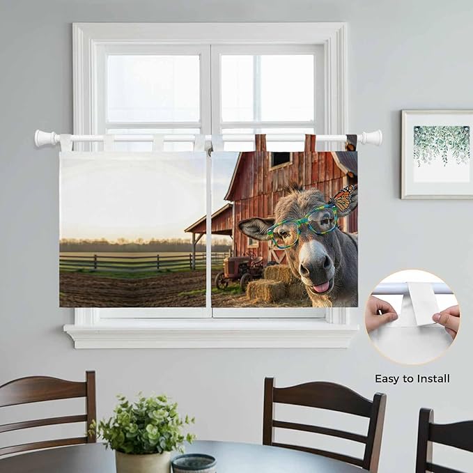Farm Donkeys Kitchen Curtains 24 Inch Length, Small Window Curtains Tab Top, Farmhouse Barn Funny Animals Butterfly Light Filtering Short Window Treatments Tier Drapes 27.5"x24" 2 Panel