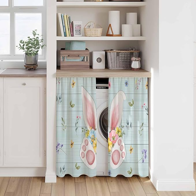 Easter Kitchen Curtains 54 Inch Long 2 Panel Set, Rod Pocket Window Curtains Panels, Spring Rabbits Ears Feet Flowers Wooden Grain Light Filtering Drapery Draperies for Bathroom Bedroom 52"W x 54"L