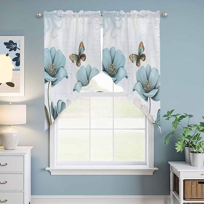 Blue Tulips Swag Valances for Windows, Watercolor Flowers Butterfly Spring Farmhouse Blue Rod Pocket Kitchen Curtains Valance, Small Window Curtains Swag for Cafe Living Room, 2 Panels, 28x36 inch