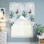 Blue Tulips Swag Valances for Windows, Watercolor Flowers Butterfly Spring Farmhouse Blue Rod Pocket Kitchen Curtains Valance, Small Window Curtains Swag for Cafe Living Room, 2 Panels, 36x36 inch