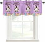 Purple Easter Curtain Valances for Windows, Kitchen Valance Window Treatment, Spring Cartoon Bunny Colorful Eggs Wood Grain Light Filtering Block Curtains for Bathroom/Bedroom/Living Room 42'' x 18''