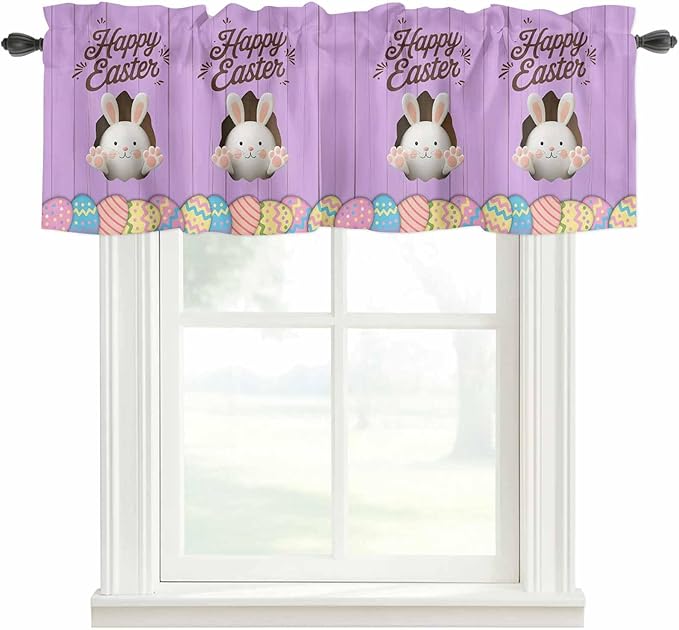 Purple Easter Curtain Valances for Windows, Kitchen Valance Window Treatment, Spring Cartoon Bunny Colorful Eggs Wood Grain Light Filtering Block Curtains for Bathroom/Bedroom/Living Room 54'' x 18''