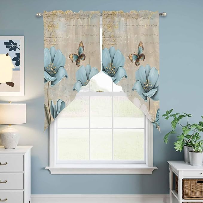 Spring Flowers Swag Valances for Windows, Vintage Rustic Tulips Floral Butterfly Khaki Rod Pocket Kitchen Curtains Valance, Small Window Curtains Swag for Cafe Living Room, 2 Panels, 36x36 inch
