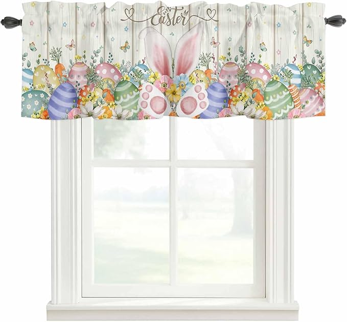 Happy Easter Curtain Valances for Windows, Kitchen Valance Window Treatment, Spring Colorful Eggs Rabbit Ear Feet Flowers Light Filtering Block Curtains for Bathroom/Bedroom/Living Room 42'' x 12''